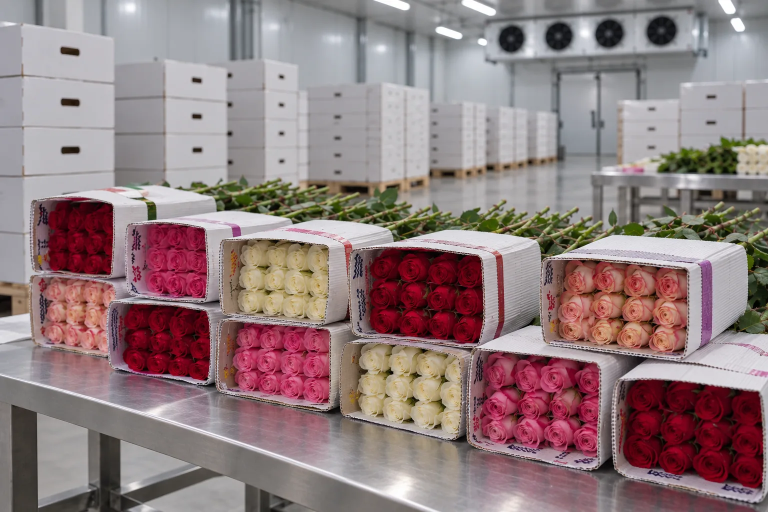 Cámara de frío con pilas de cajas blancas y cajas abiertas de rosas sobre una mesa de acero