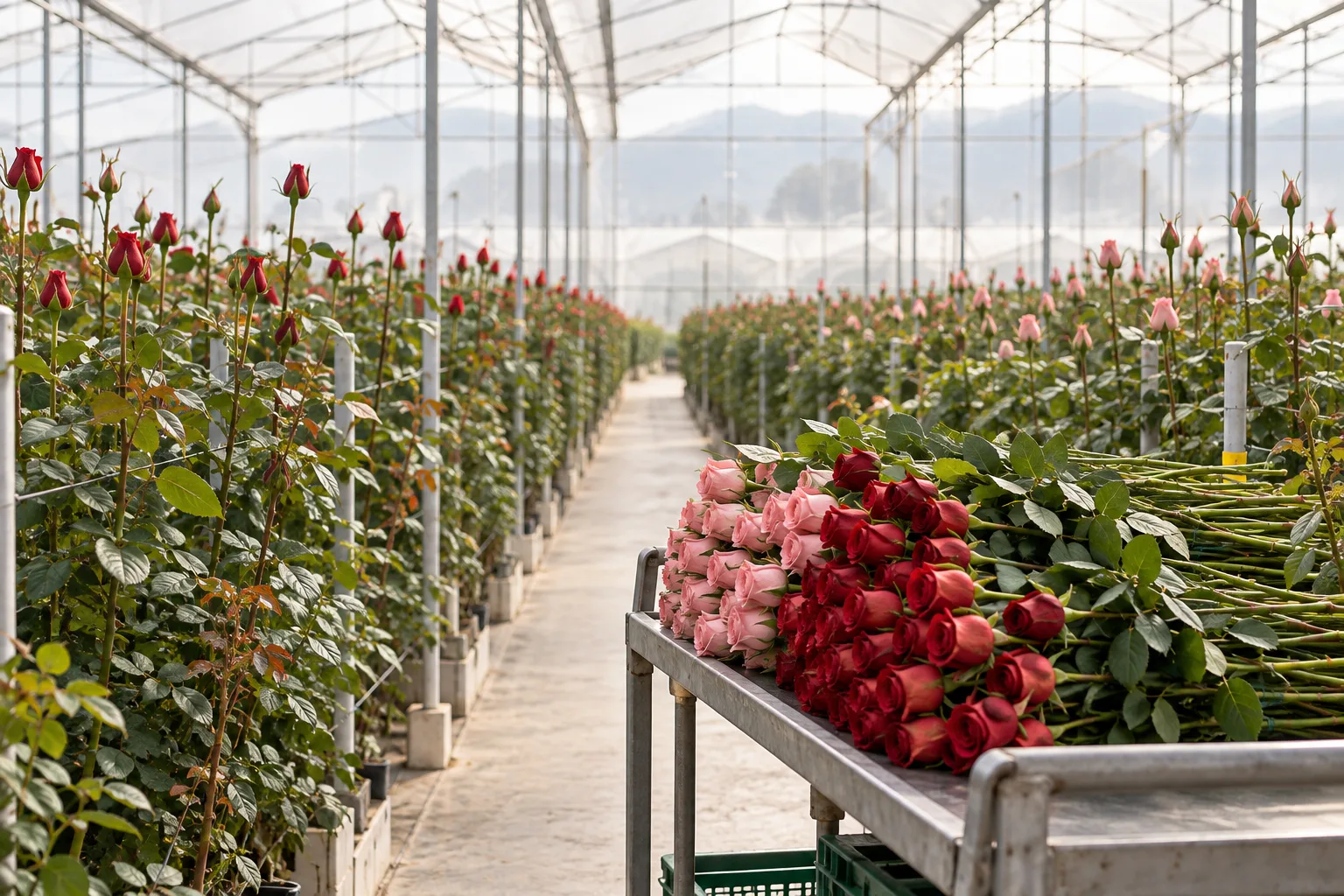Invernadero luminoso con hileras de rosales y un carro de rosas rojas y rosas recién cortadas