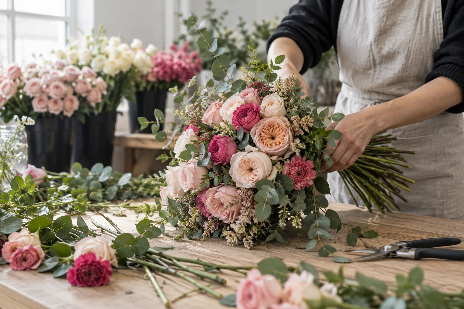 Manos de una florista con delantal de lino atando un ramo sobre un banco de madera